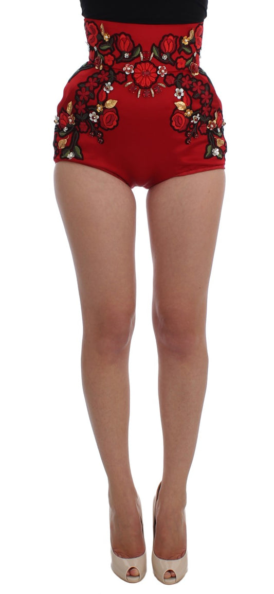 Dolce & Gabbana Rote Seidenkristallrosen Shorts