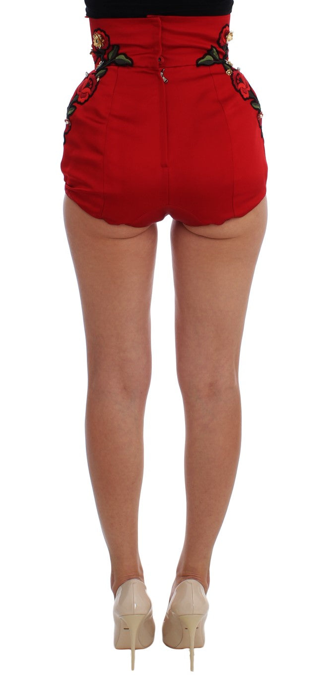 Dolce & Gabbana Rote Seidenkristallrosen Shorts