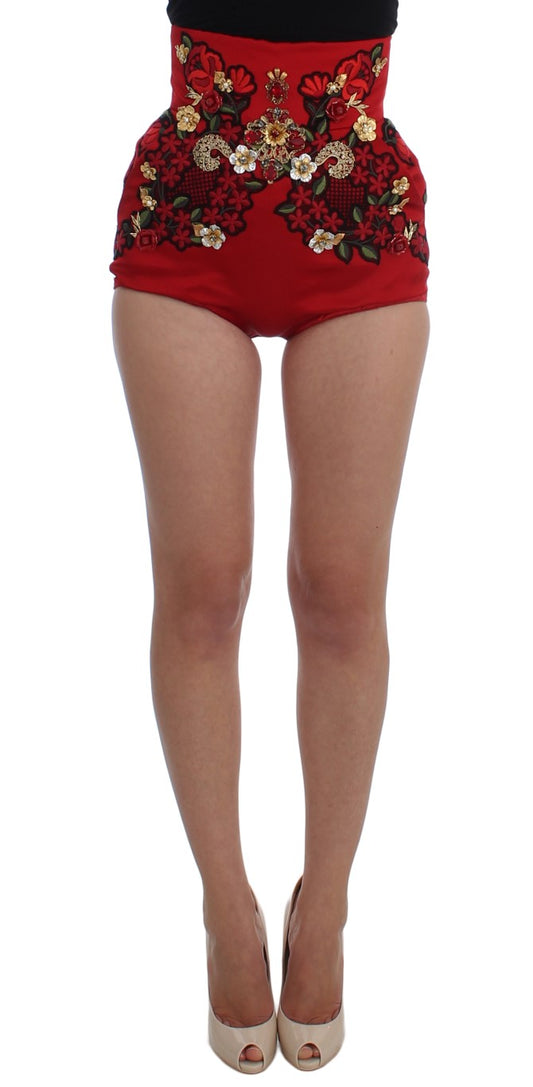 Dolce & Gabbana Rote Seidenkristallrosen Shorts