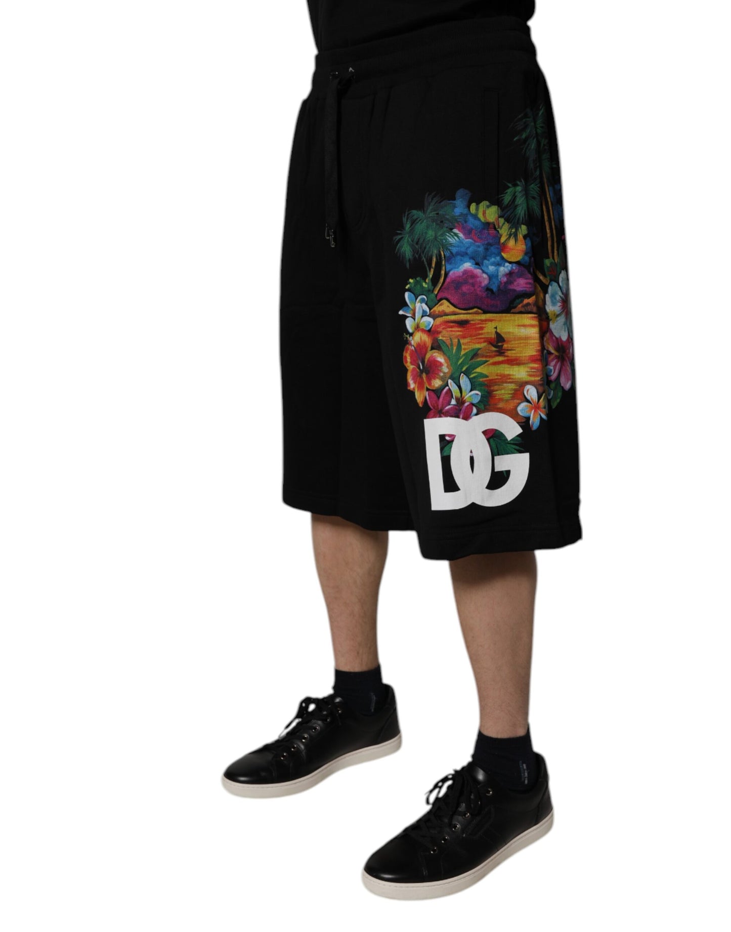 Dolce & Gabbana Schwarze Bermudashorts aus Baumwolle mit Logo und Blumendruck