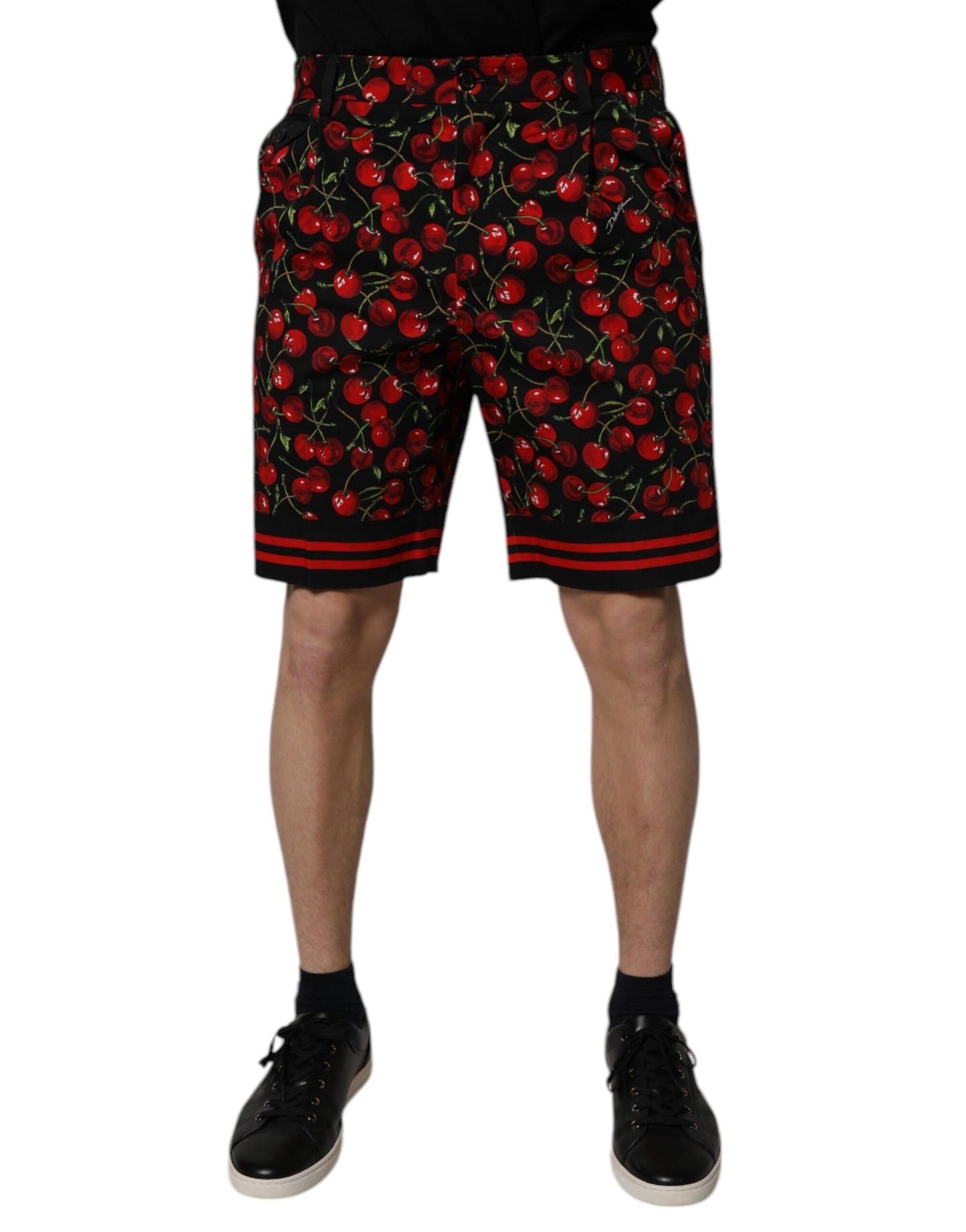 Dolce & Gabbana Schwarz-rote Bermuda-Shorts aus Baumwolle mit Kirschenmuster