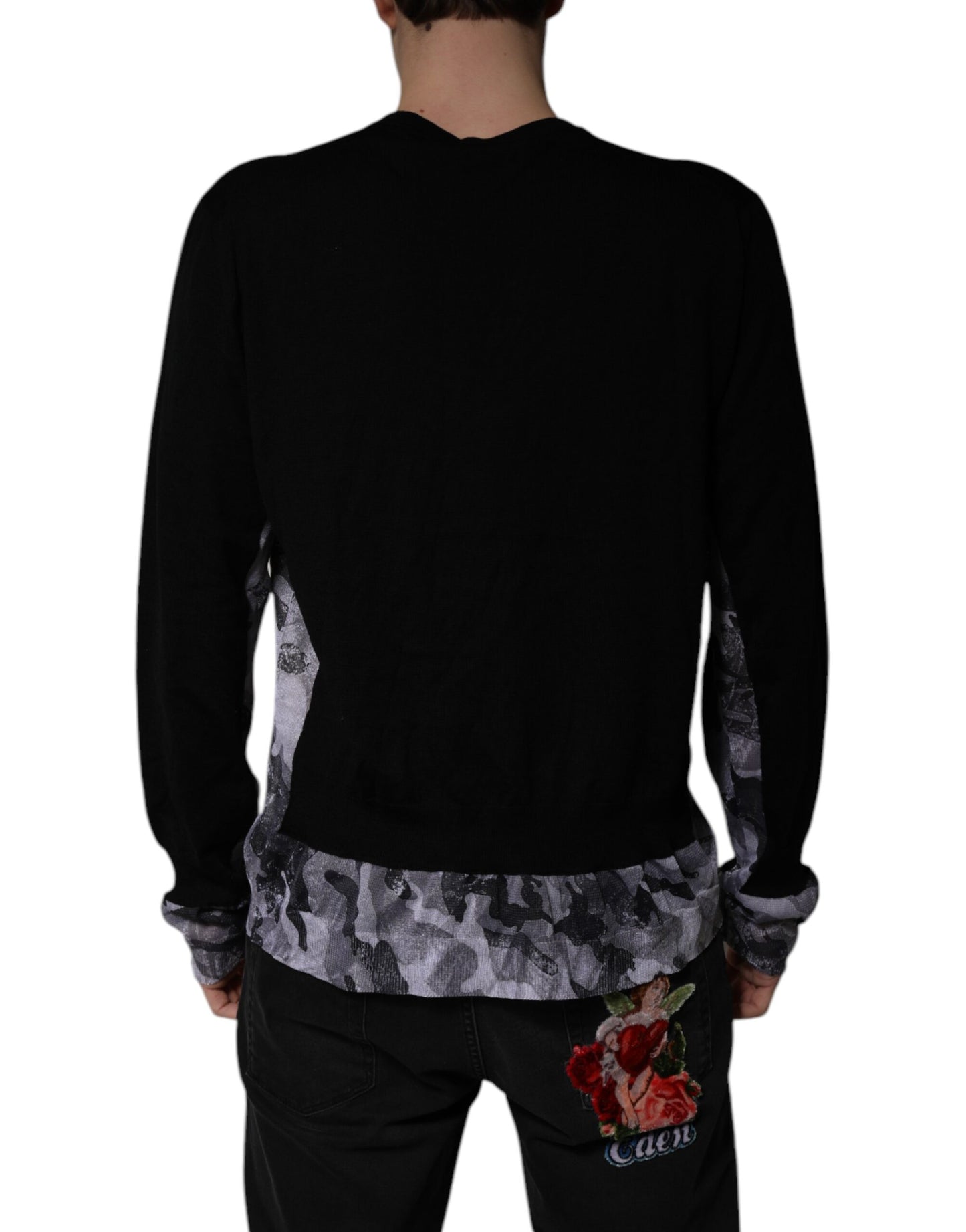 Dolce & Gabbana Schwarzer Camouflage Pullover mit V-Ausschnitt