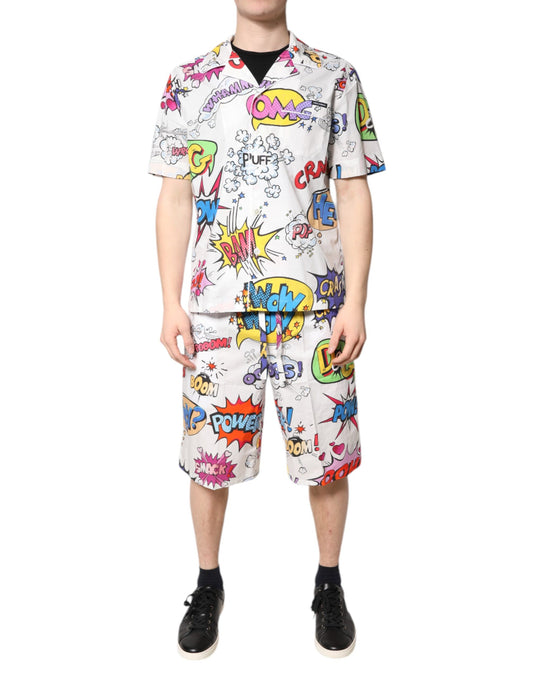 Dolce & Gabbana Weiß Cartoon Print Baumwolle Männer Pyjama Set Schlafanzug