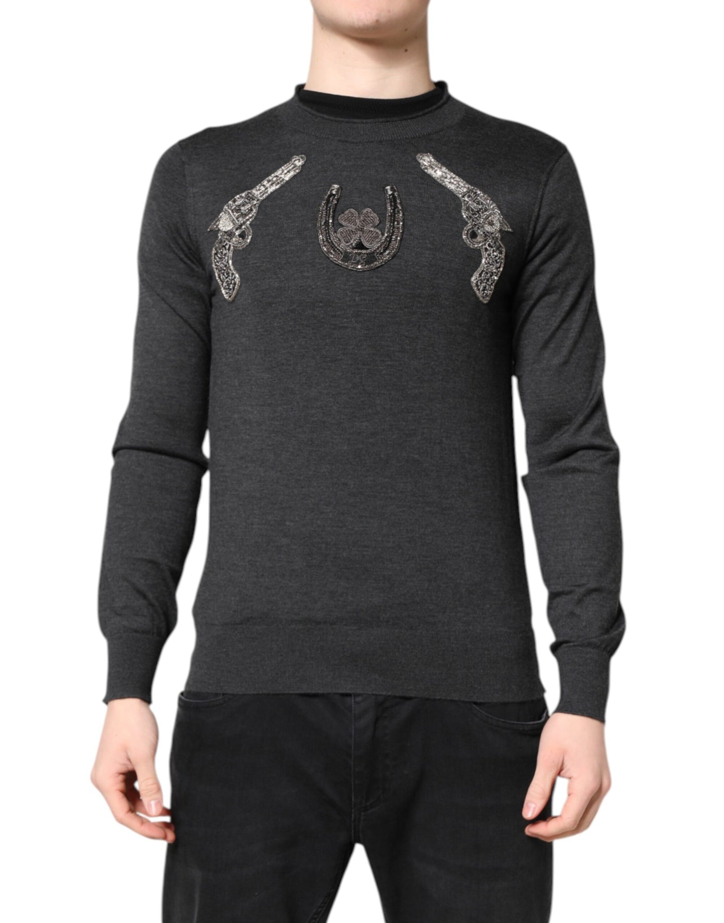 Dolce & Gabbana Grauer Strickpullover mit Stickerei für Männer