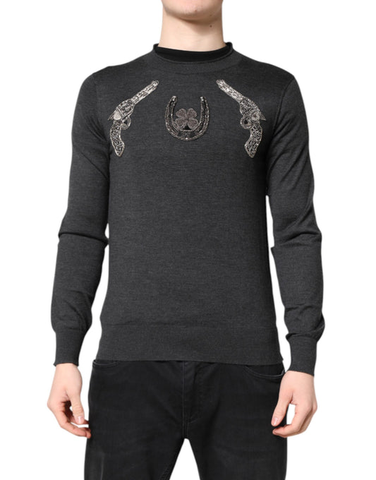 Dolce & Gabbana Grauer Strickpullover mit Stickerei für Männer