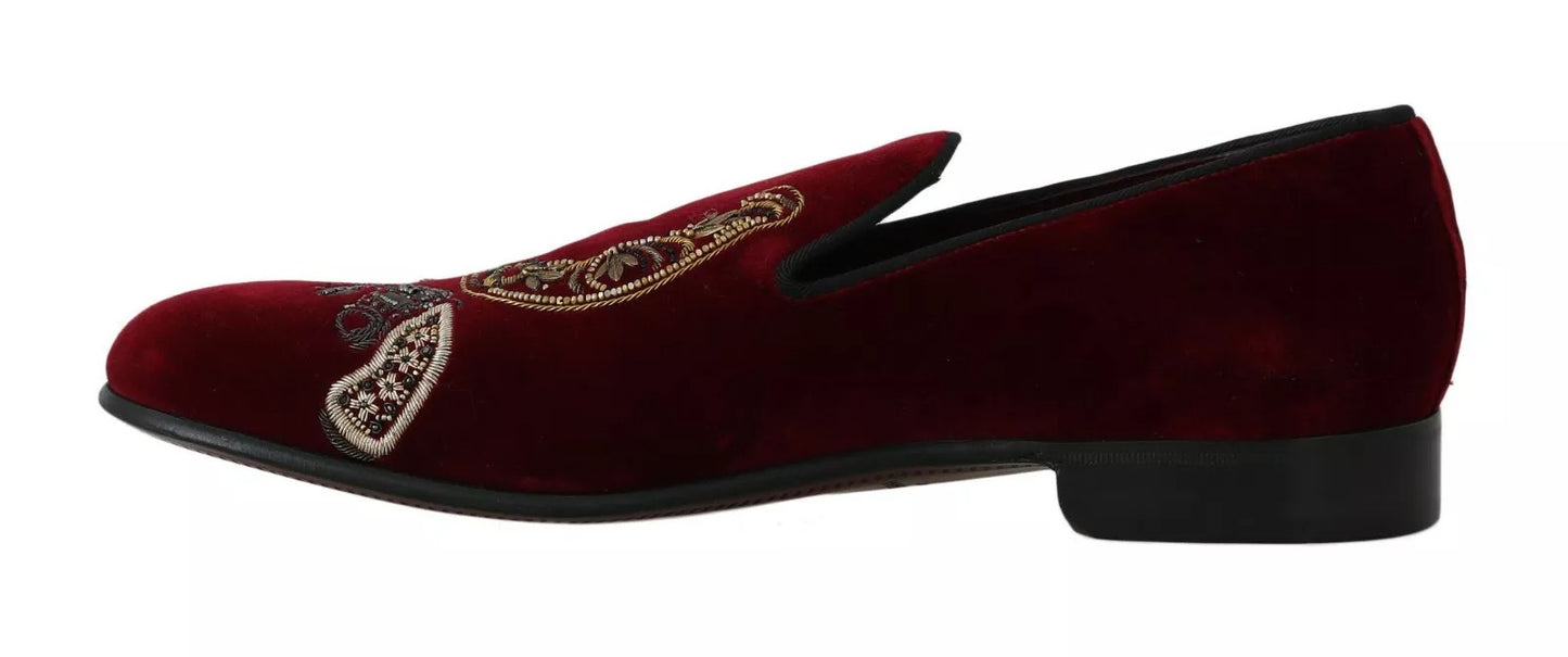 Dolce & Gabbana Bordeaux Samt Loafers Gun Horseshoe Schuhe