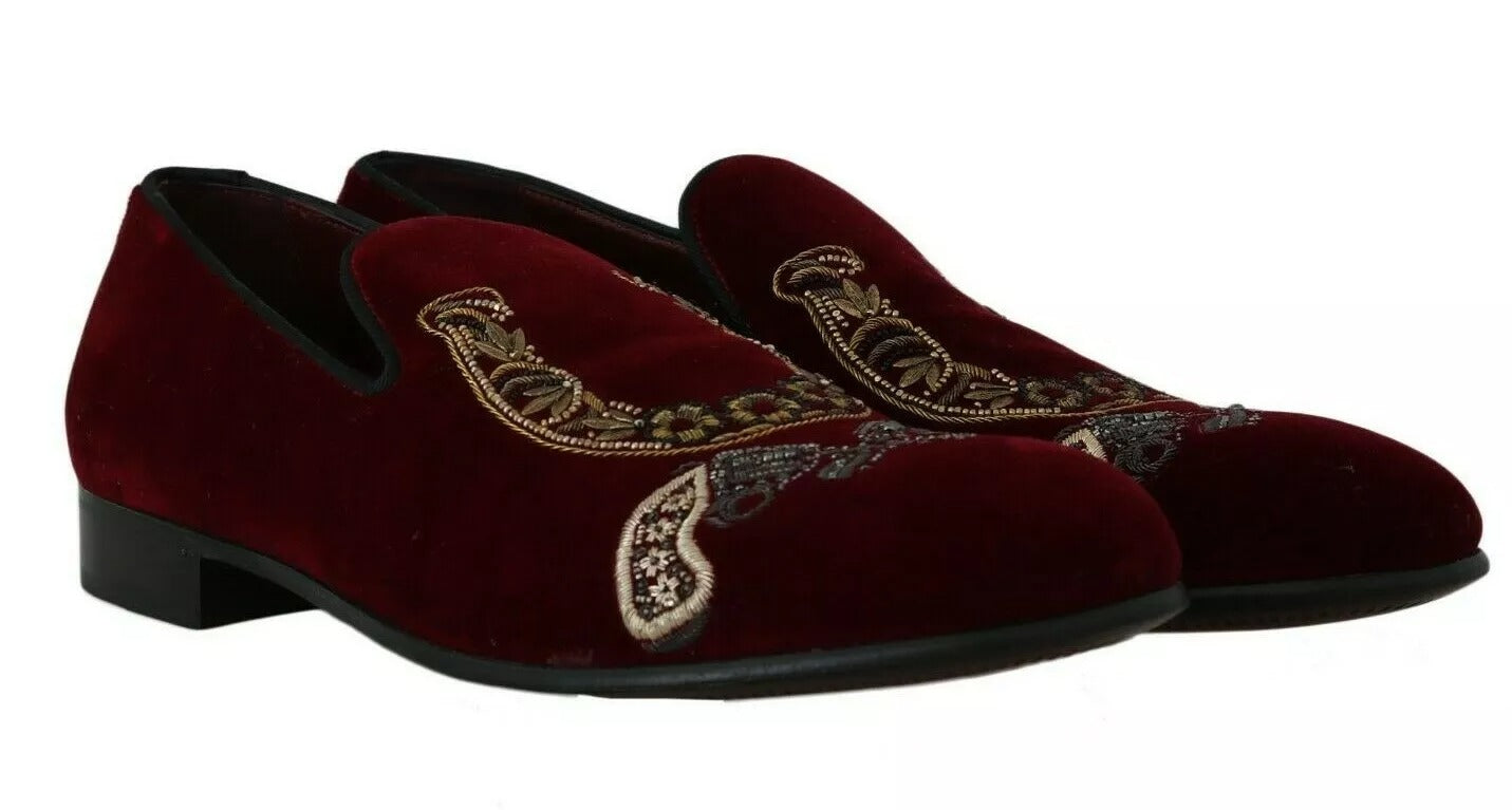 Dolce & Gabbana Bordeaux Samt Loafers Gun Horseshoe Schuhe