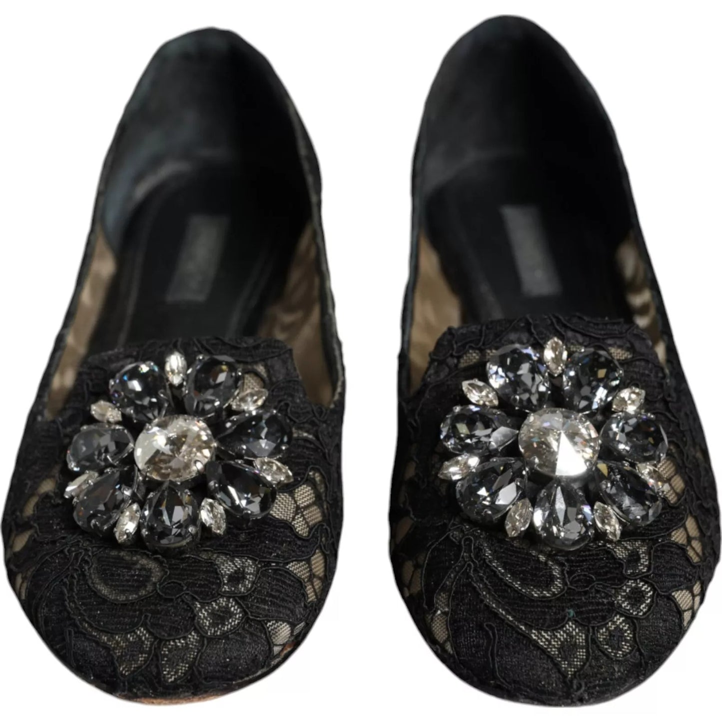 Dolce & Gabbana Schwarze Spitze Kristall Ballett Flats Loafer Schuhe