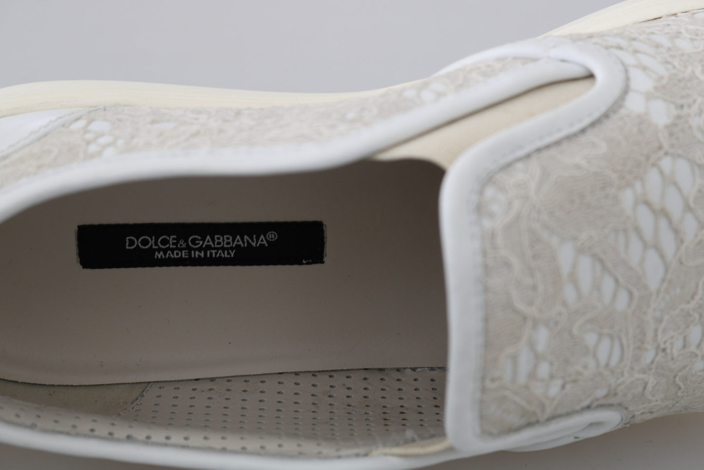 Dolce & Gabbana Weiße Leder Spitze Slip On Loafers Schuhe