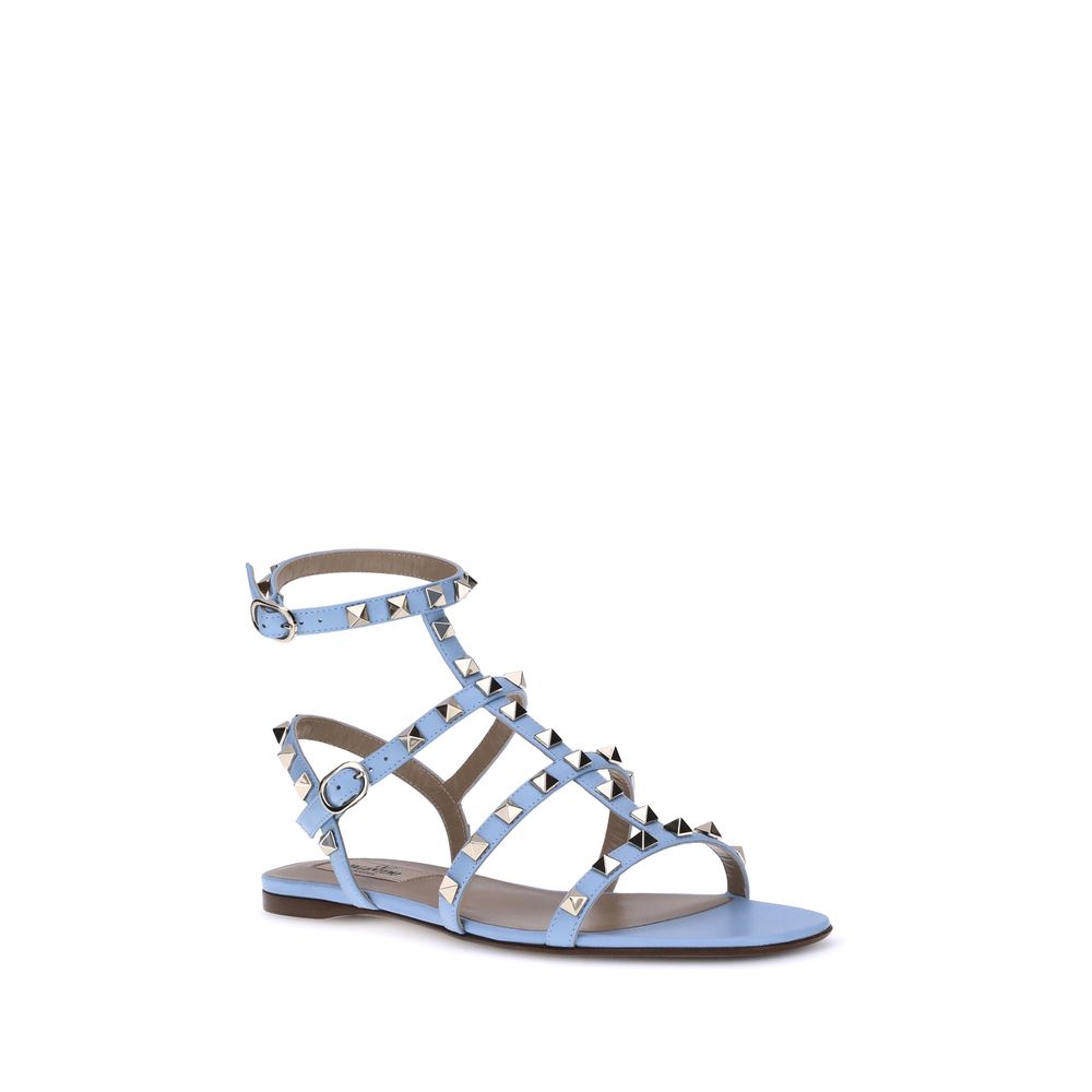 Valentino Garavani Hellblaue Kalbsleder Bos Taurus Flache Sandalen