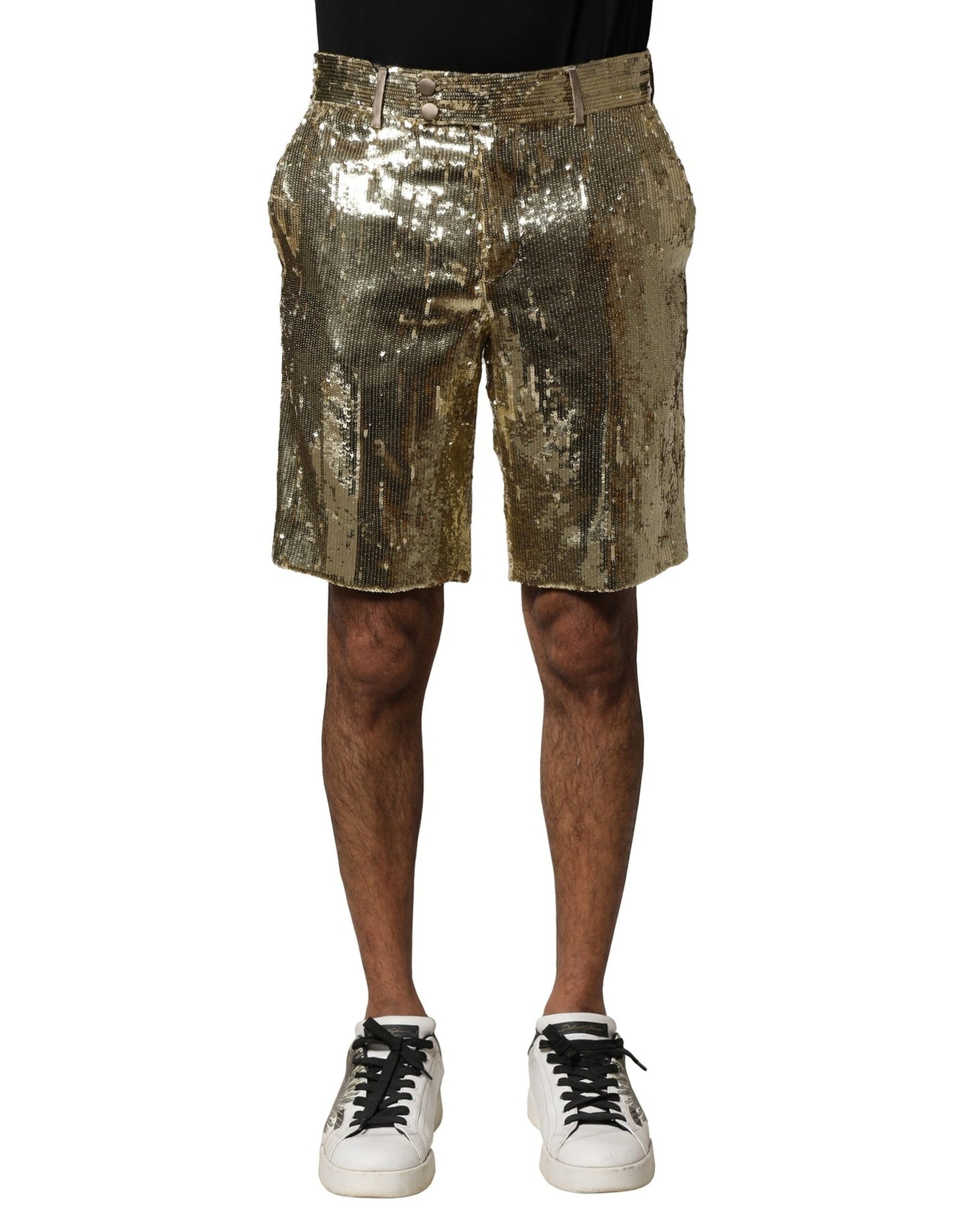 Dolce & Gabbana Goldfarbene Bermudashorts aus Polyester mit Paillettenverzierung