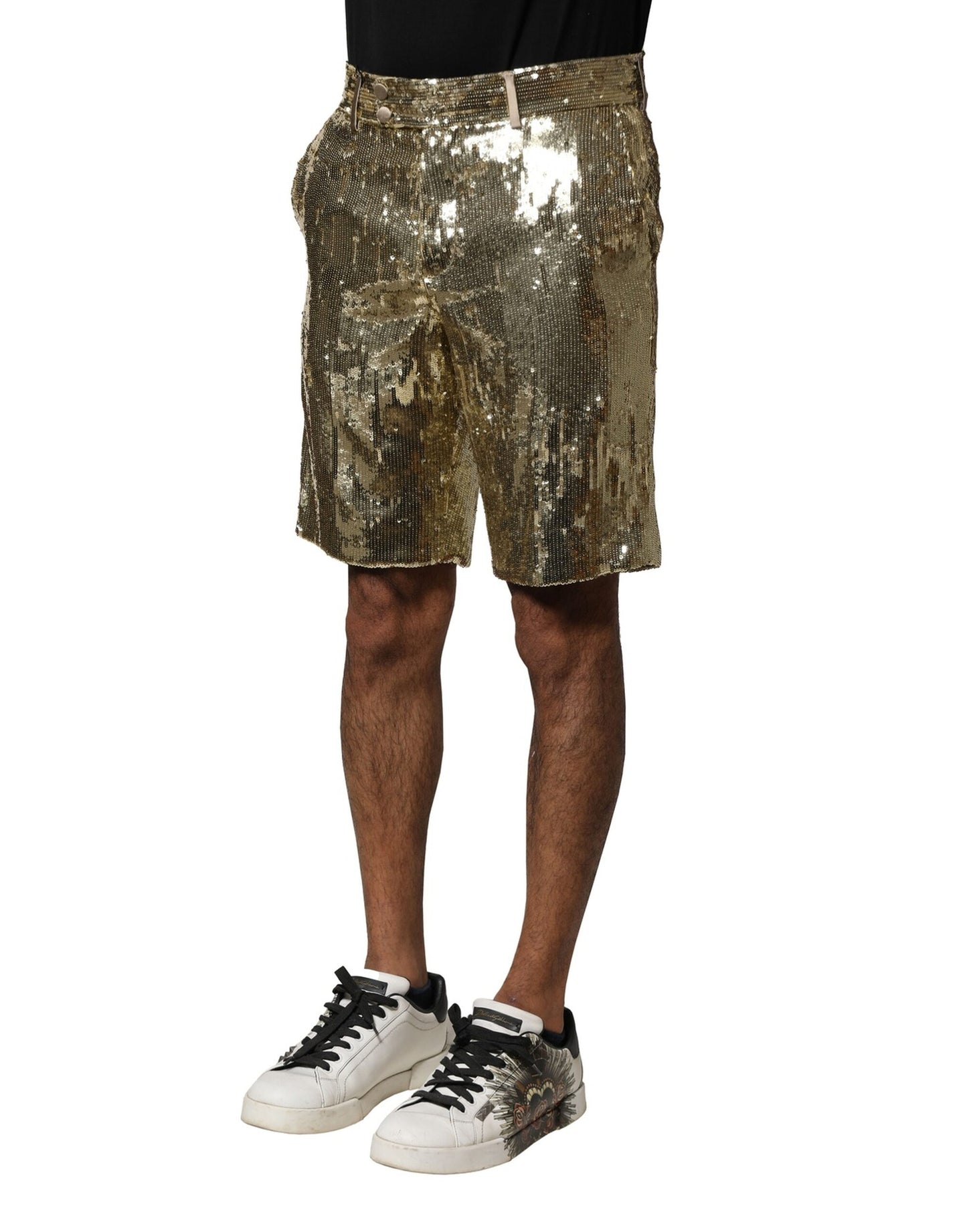 Dolce & Gabbana Goldfarbene Bermudashorts aus Polyester mit Paillettenverzierung