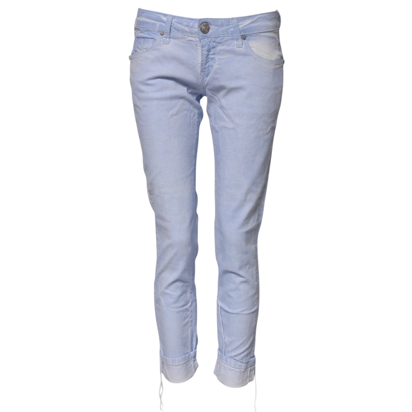 Acht Hellblaue Slim Fit Denim-Jeans aus Baumwolle mit niedriger Taille