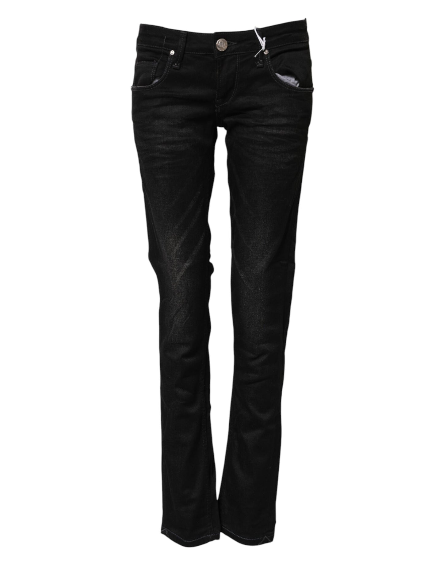 Acht Schwarze Slim Fit Denim-Jeans mit niedriger Taille aus Baumwolle
