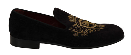 Dolce & Gabbana Loafers Schwarzer Samt Goldkrone