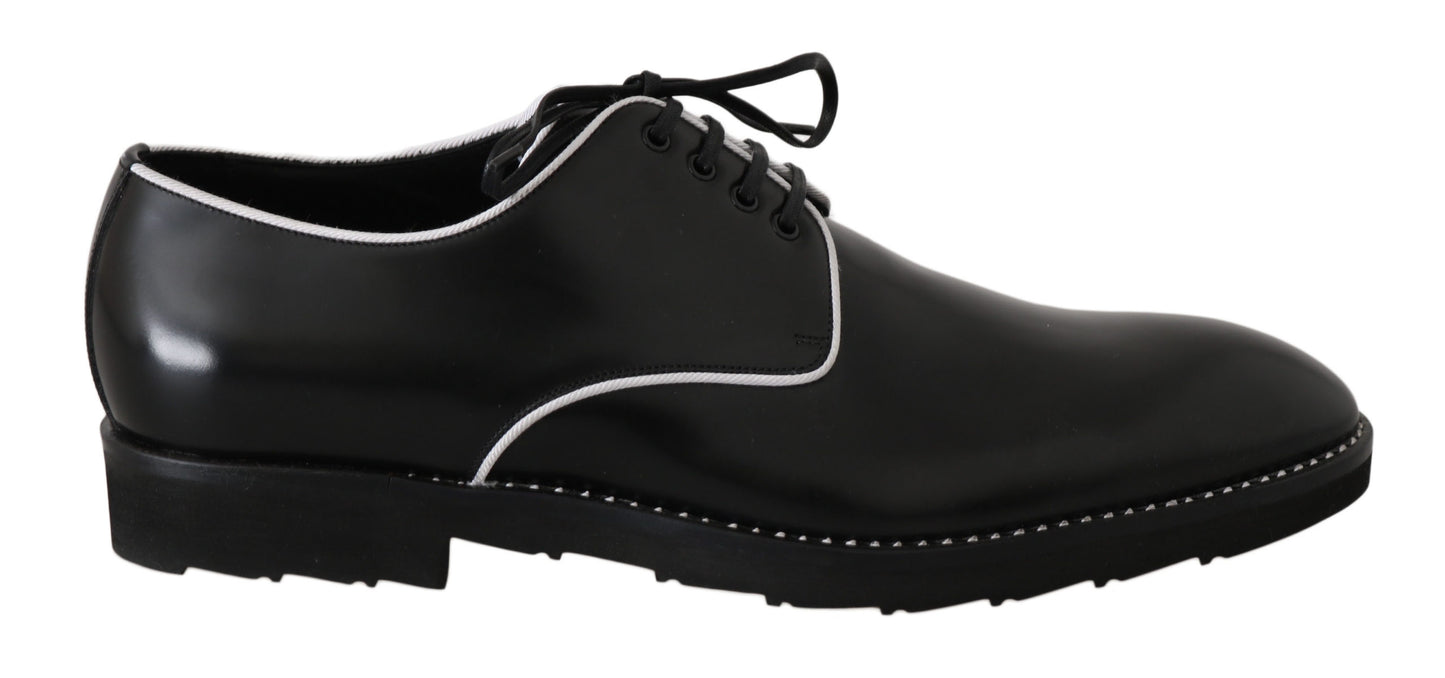Dolce & Gabbana Schwarzes Leder Weiße Linie Kleid Derby Schuhe
