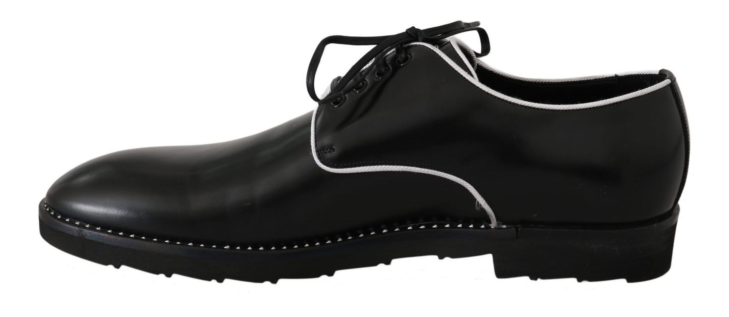 Dolce & Gabbana Schwarzes Leder Weiße Linie Kleid Derby Schuhe