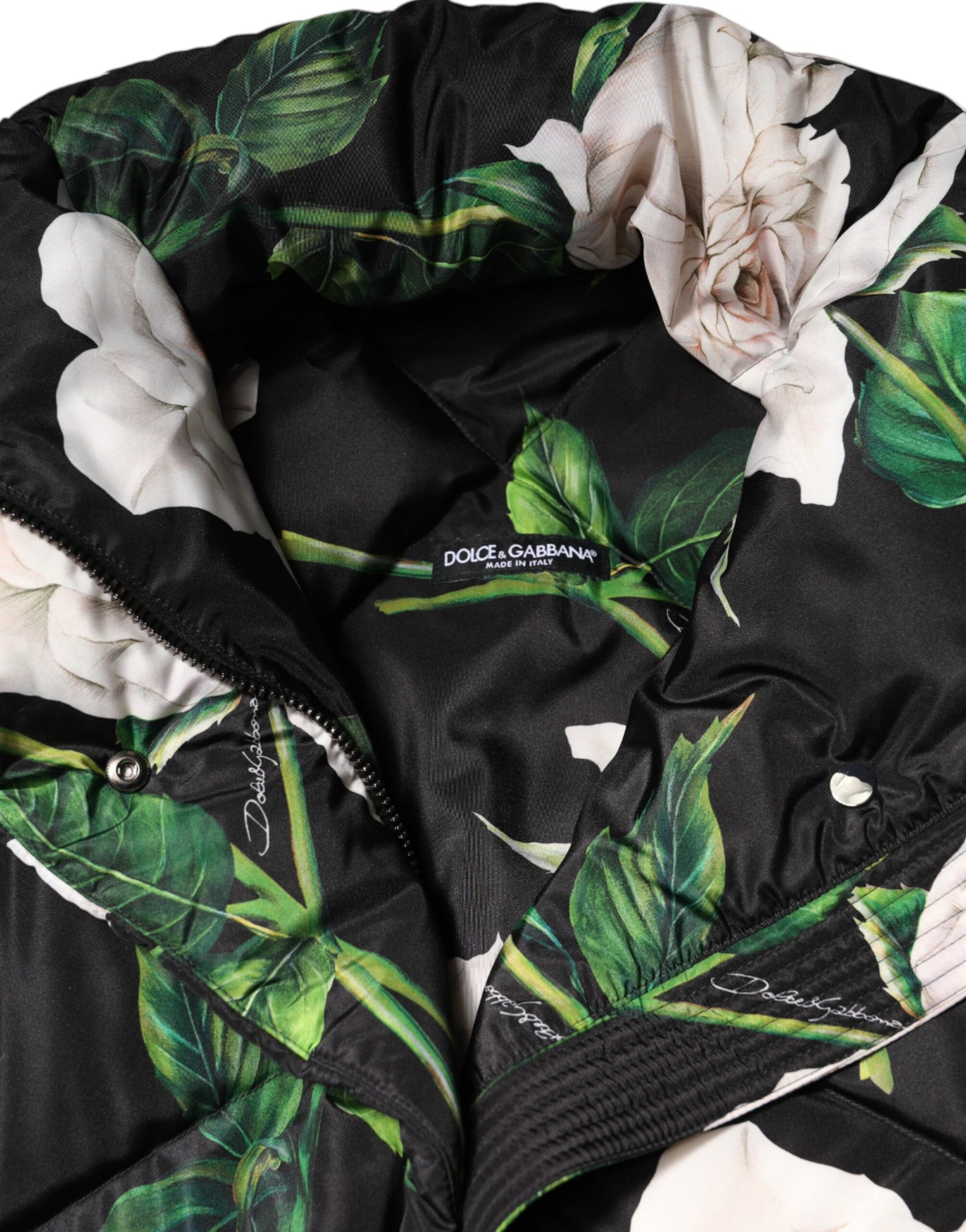 Dolce & Gabbana Schwarze gesteppte Jacke mit Blumendruck