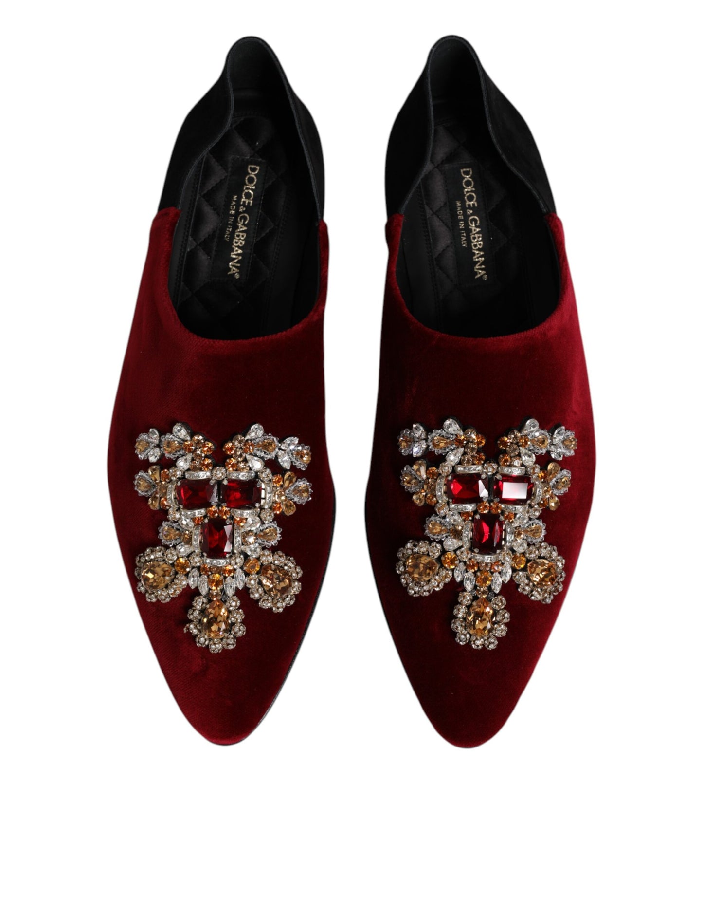 Dolce & Gabbana Schwarzer roter Samt verschönert Slip On Schuhe