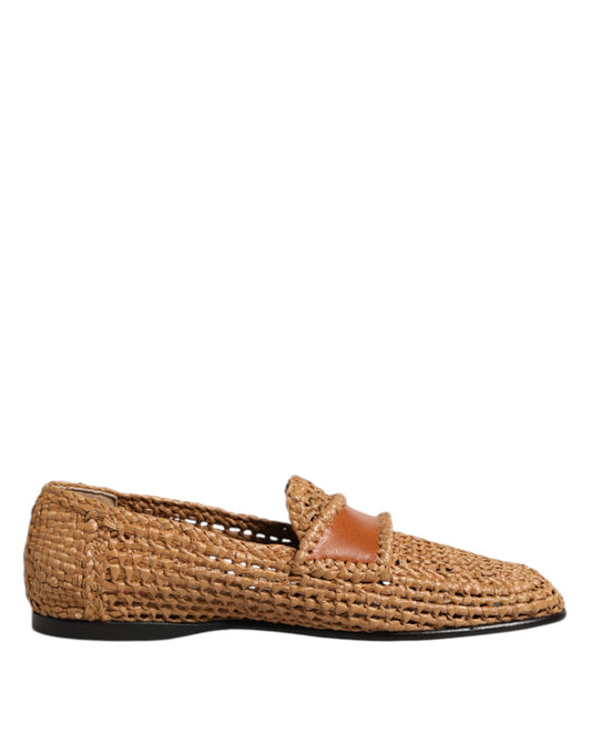Dolce & Gabbana Braune gewebte Raffia Slip On Loafers Schuhe