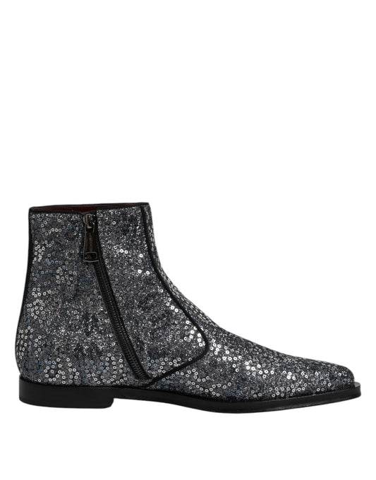 Dolce & Gabbana Dunkelgraue Baumwolle Pailletten Chelsea Boots Schuhe
