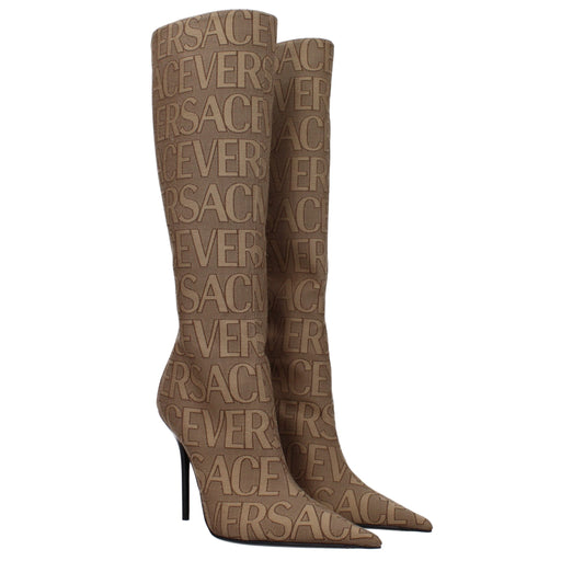 Versace Beigefarbene High-Heel-Stiefel aus Stoff