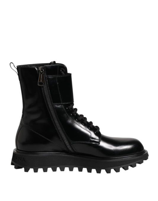 Dolce & Gabbana Schwarze Leder Schnürstiefel mit mittlerer Wade
