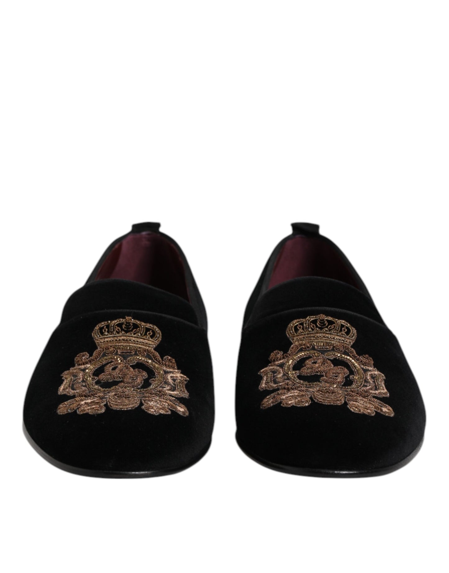 Dolce & Gabbana Schwarzer Samt Gold Crown Herren Loafers Schuhe