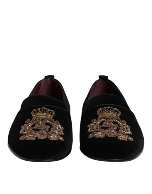 Dolce & Gabbana Schwarzer Samt Gold Crown Herren Loafers Schuhe
