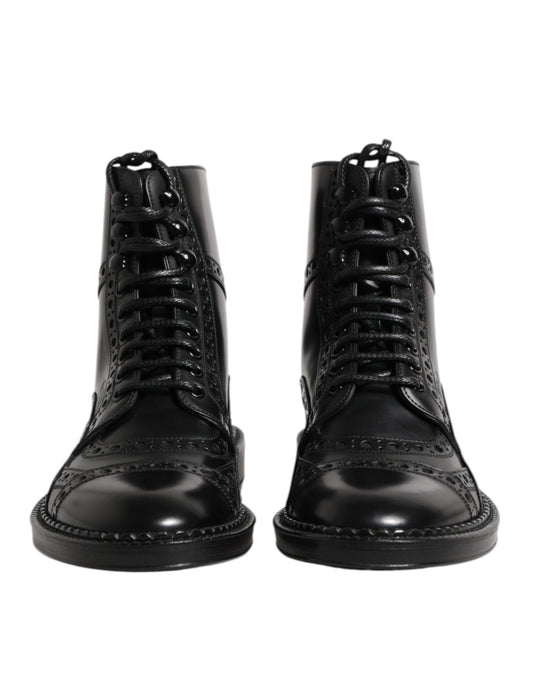Dolce & Gabbana Schwarze Leder Schnürstiefel mit mittlerer Wade