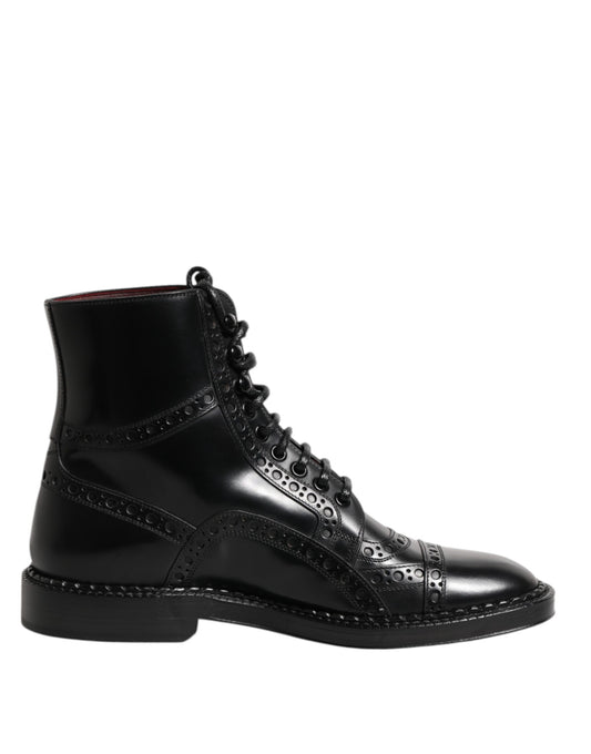 Dolce & Gabbana Schwarze Leder Schnürstiefel mit mittlerer Wade