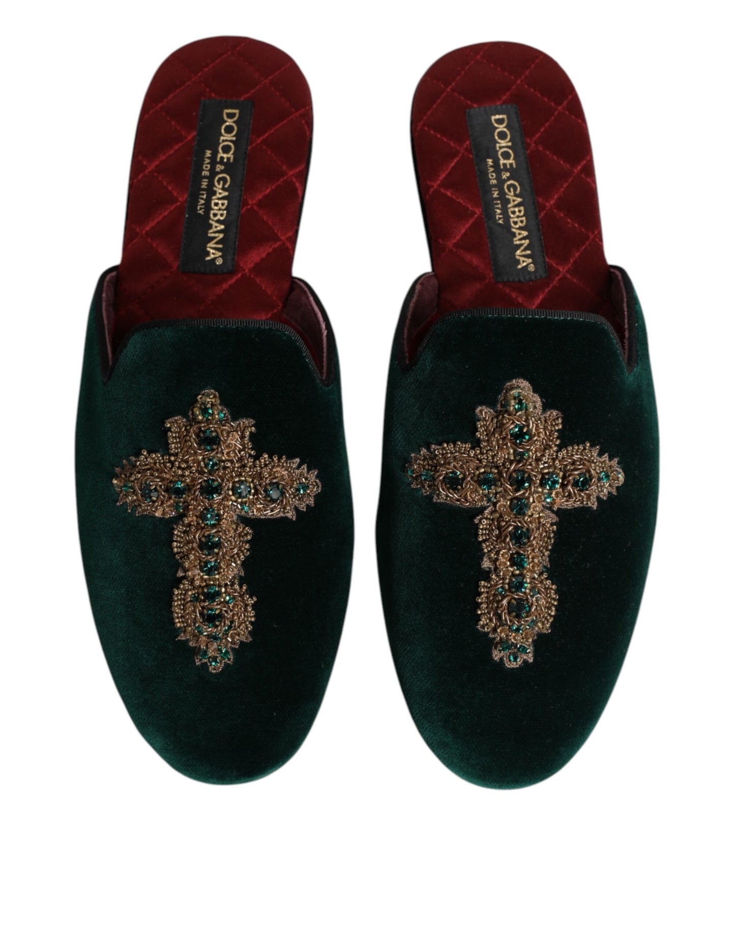 Dolce & Gabbana Grüner Samt Kreuz verschönert Pantoffeln Schuhe