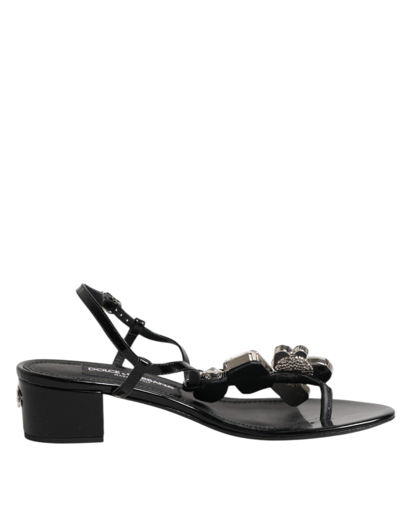 Dolce & Gabbana Schwarze Leder-Kristall-Knöchelriemen-Sandalen Schuhe