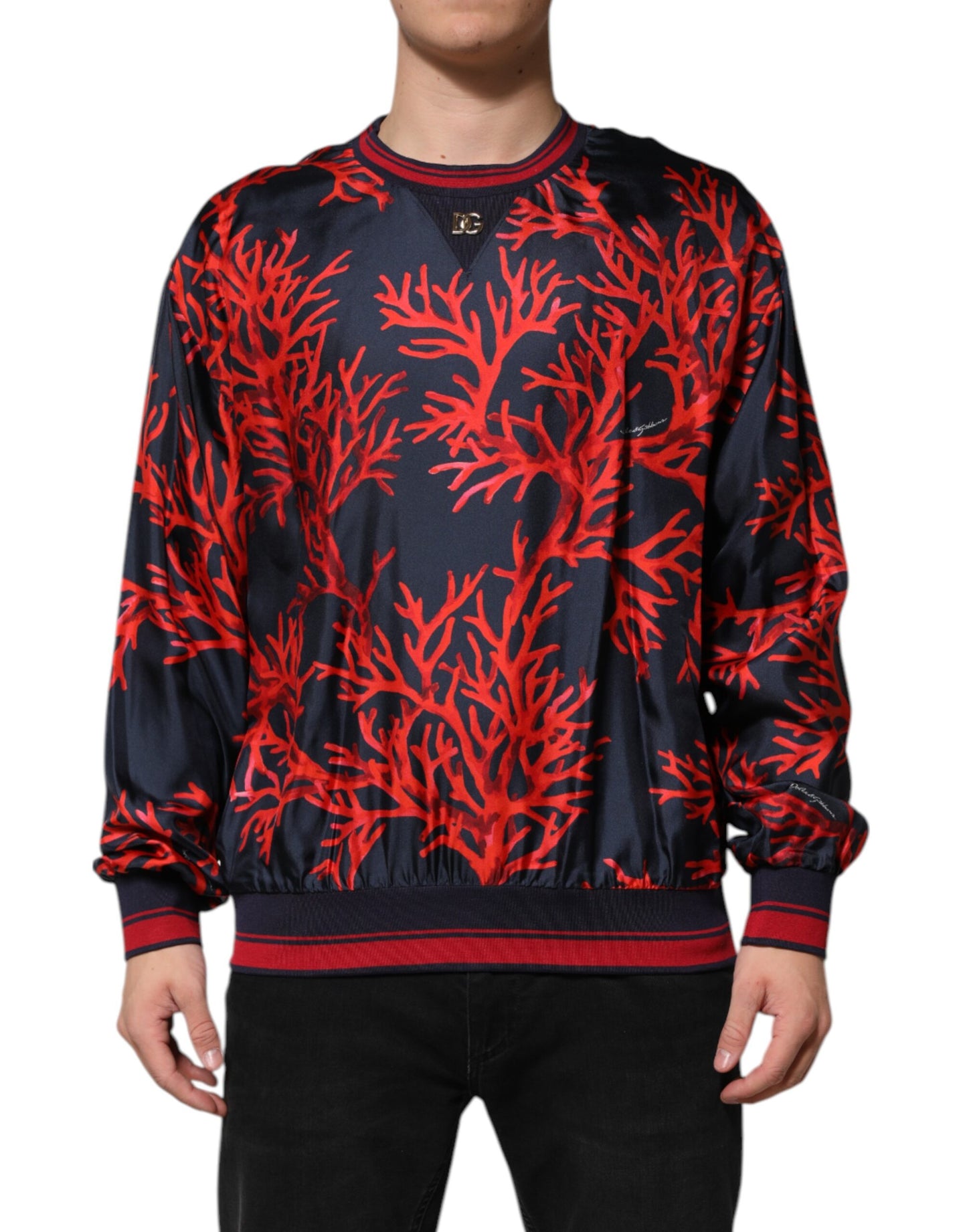 Dolce & Gabbana Marinefarbener Seidenpullover mit Korallendruck