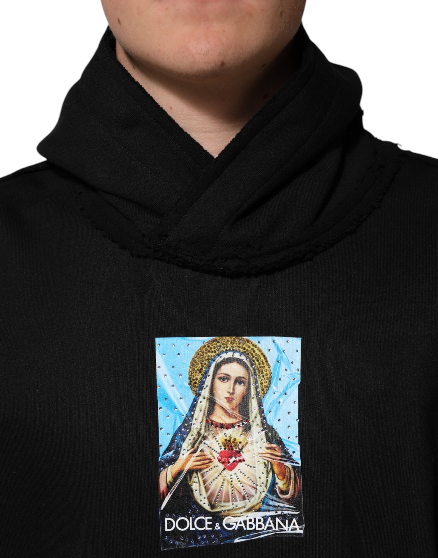 Dolce & Gabbana Schwarzer bedruckter Kapuzenpulli mit Kristallen verschönerte Jacke