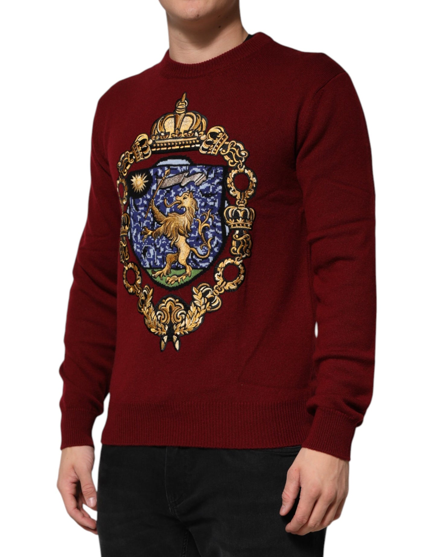 Dolce & Gabbana Burgunderfarbener Pullover aus Kaschmir mit Löwenwappen