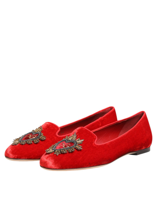 Dolce & Gabbana Rote Samt DG Herz Loafers Flache Schuhe