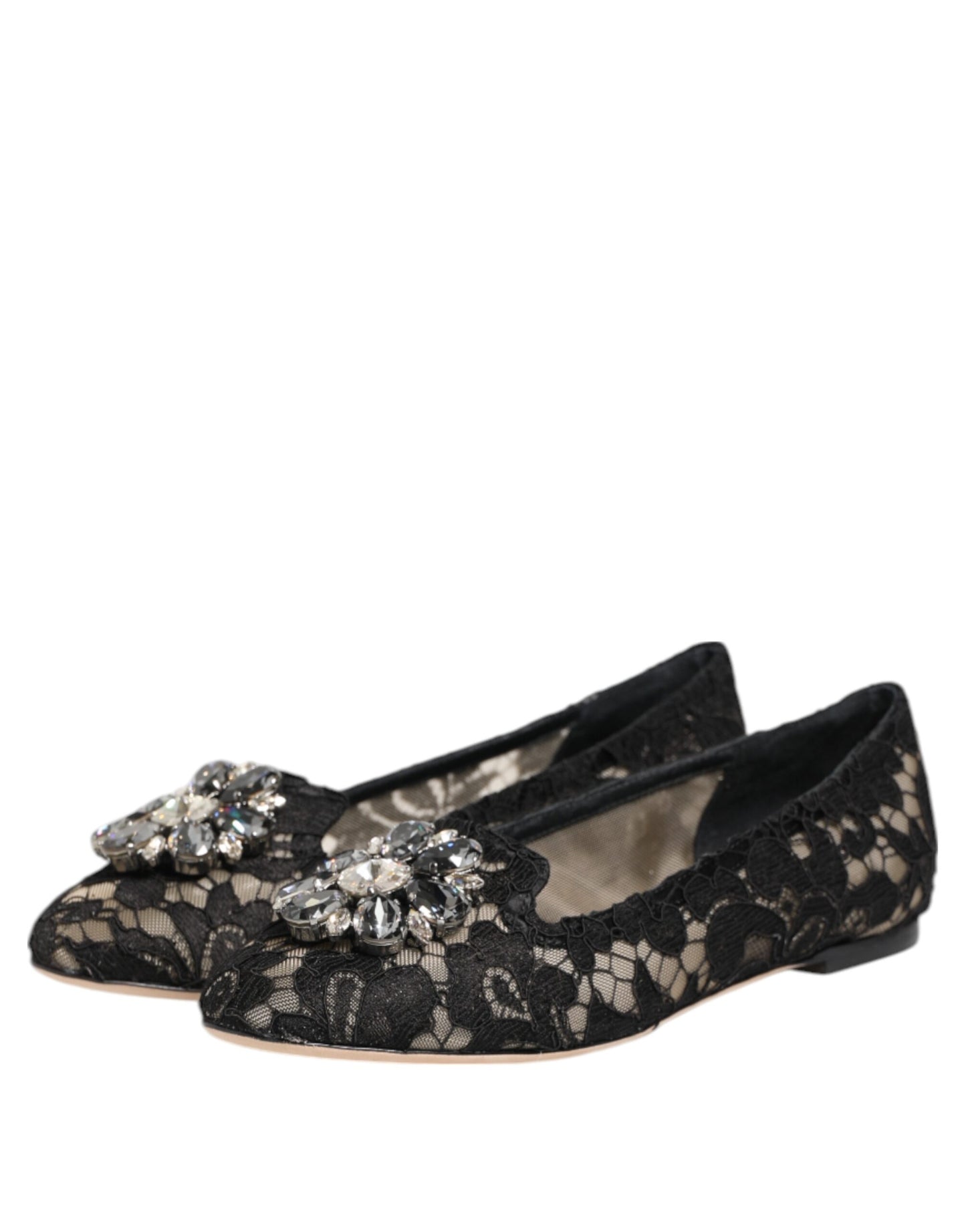 Dolce & Gabbana Schwarz Taormina Spitze Kristalle Flats Schuhe