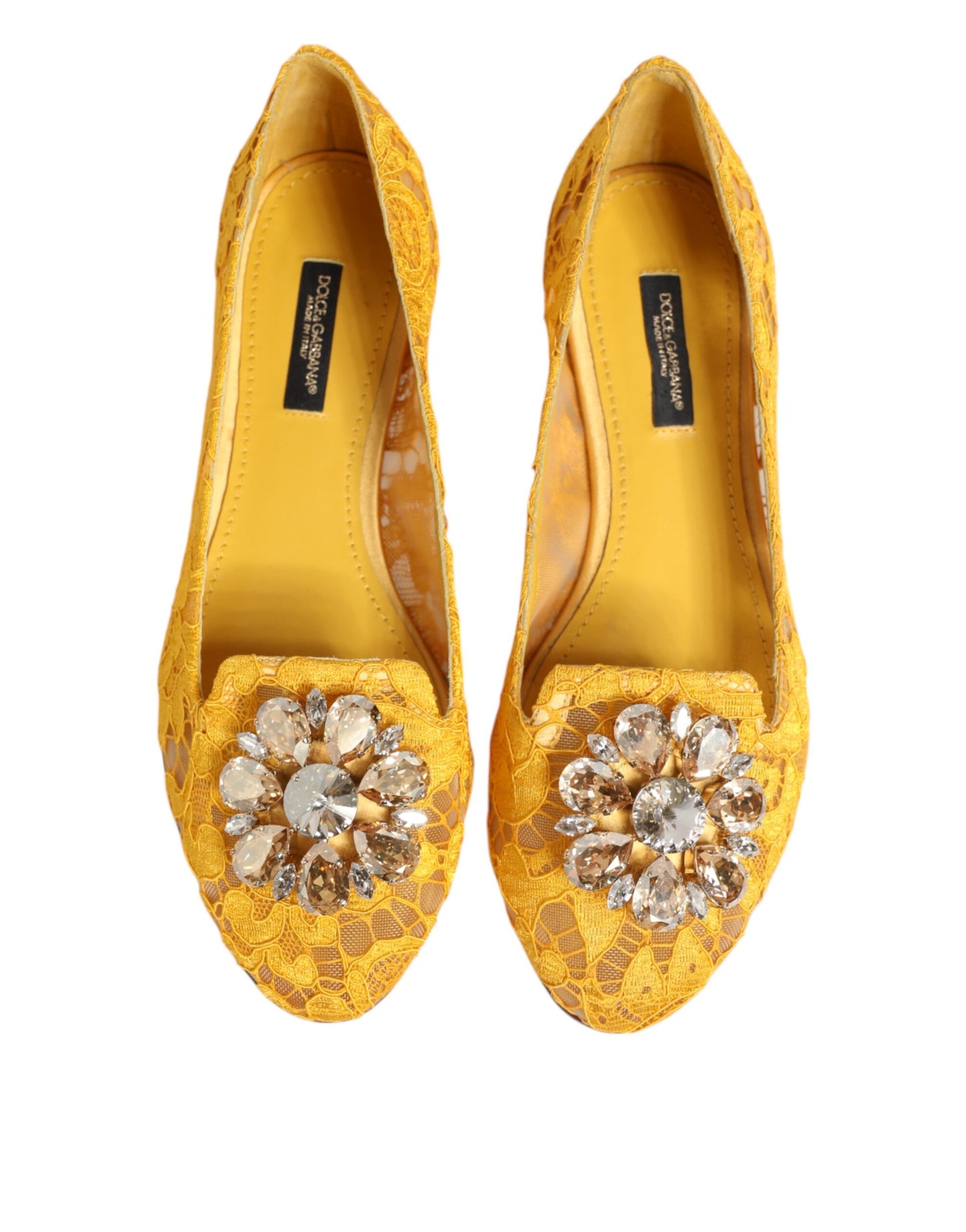 Dolce & Gabbana Gelb Taormina Spitze Kristalle Flats Schuhe