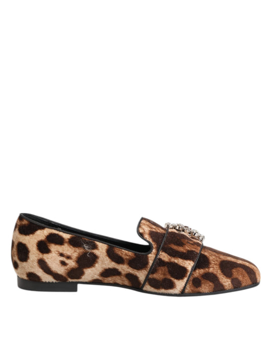 Dolce & Gabbana Braun Leopard Print Kristalle Loafers Flats Schuhe