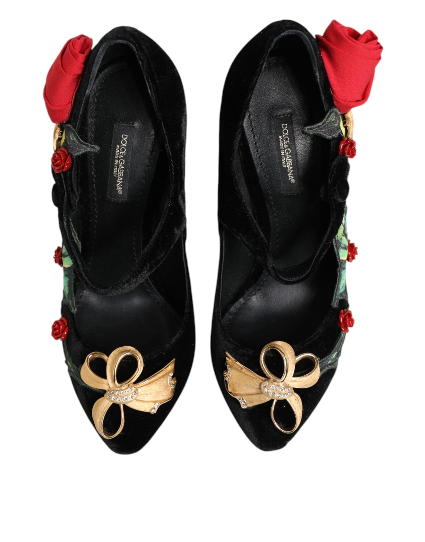 Dolce & Gabbana Schwarz Rosen Kristall Brosche Mary Jane Schuhe
