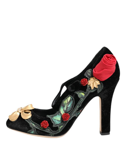 Dolce & Gabbana Schwarz Rosen Kristall Brosche Mary Jane Schuhe