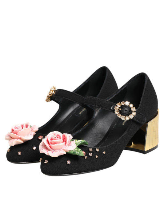 Dolce & Gabbana Schwarz Blume Kristall verschönert Mary Jane Schuhe