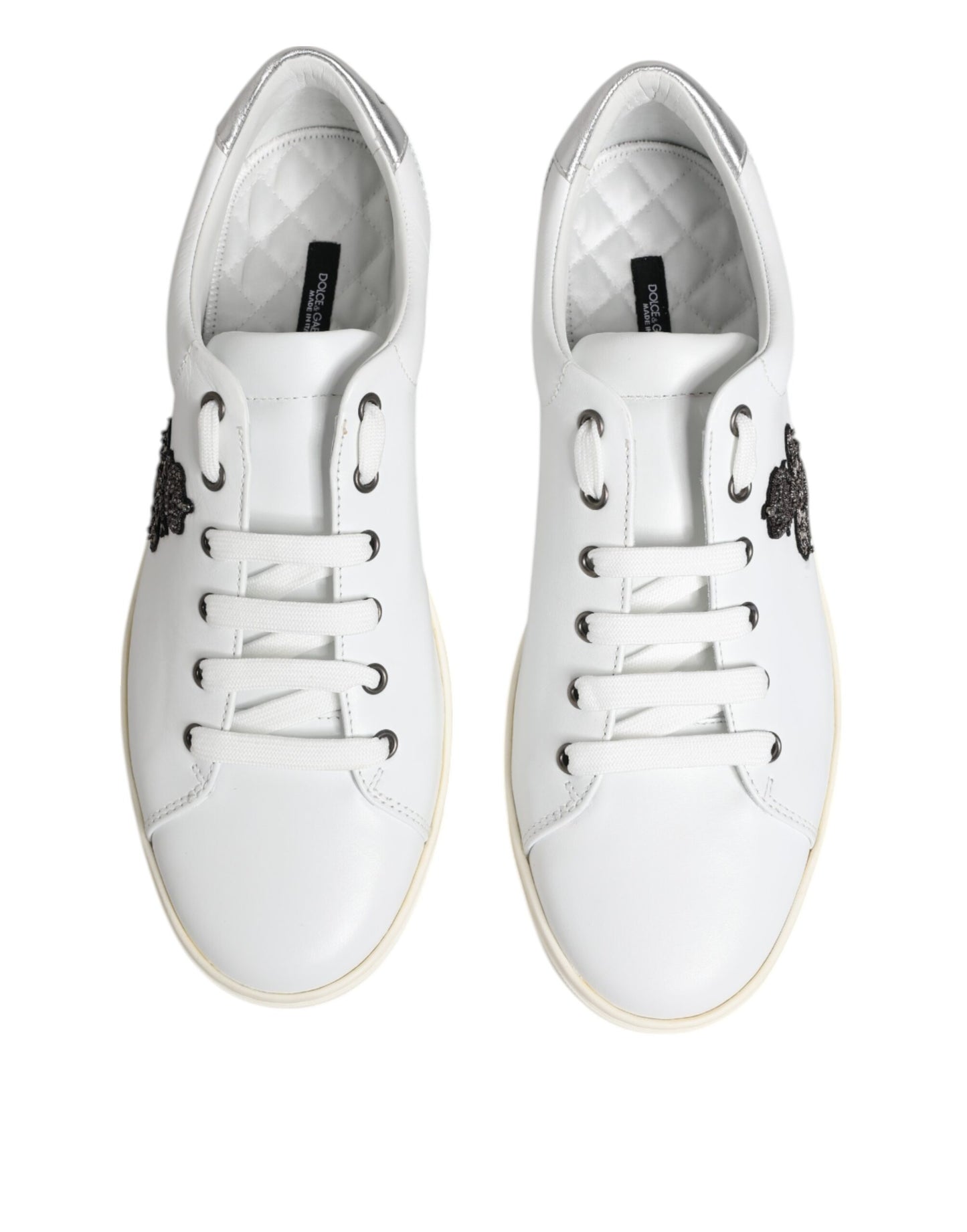 Dolce & Gabbana Weiß Crown Bee Leder Low Top Turnschuhe Schuhe