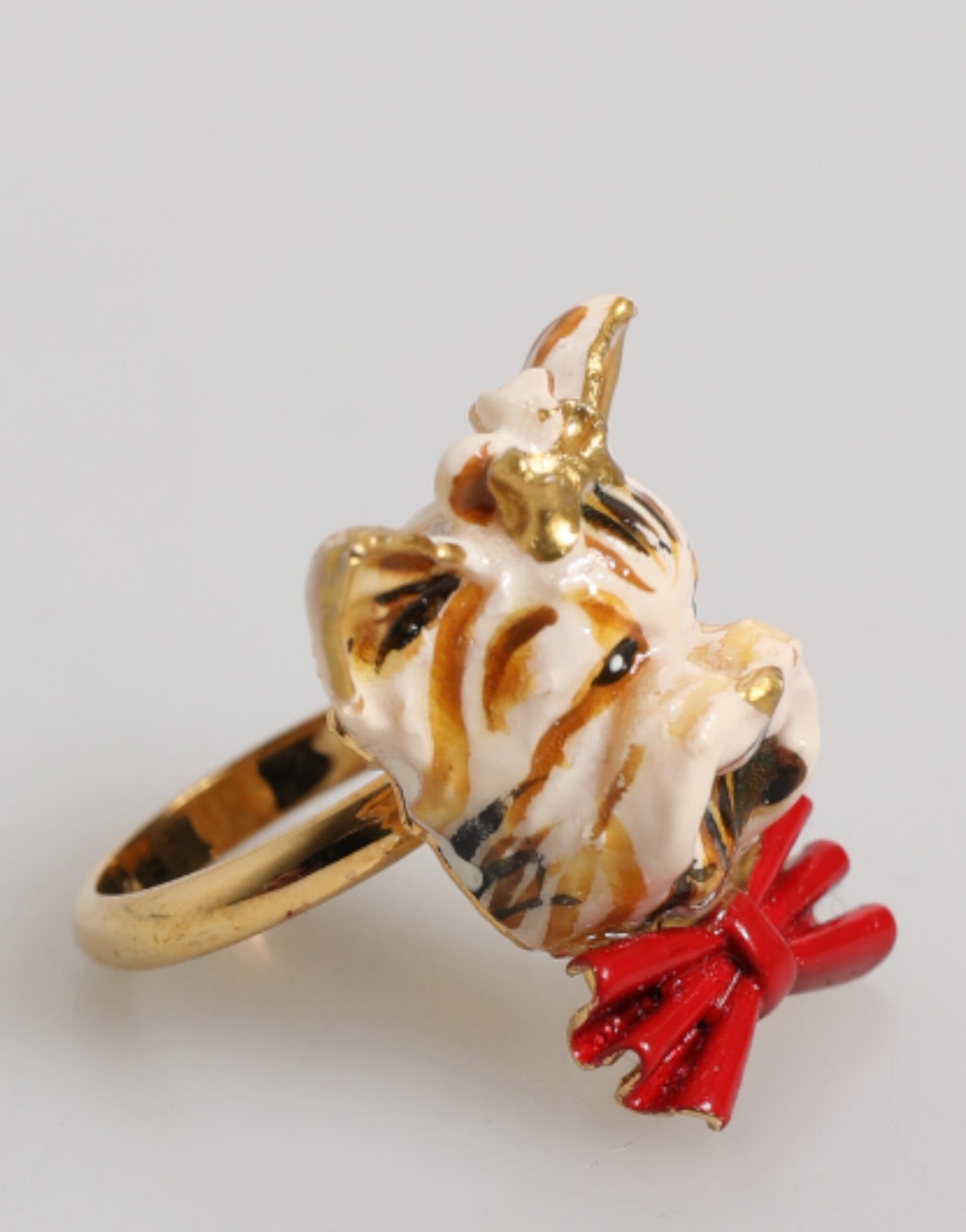Dolce & Gabbana Gold Messing Harz Beige Hund Haustier Accessoire Ring
