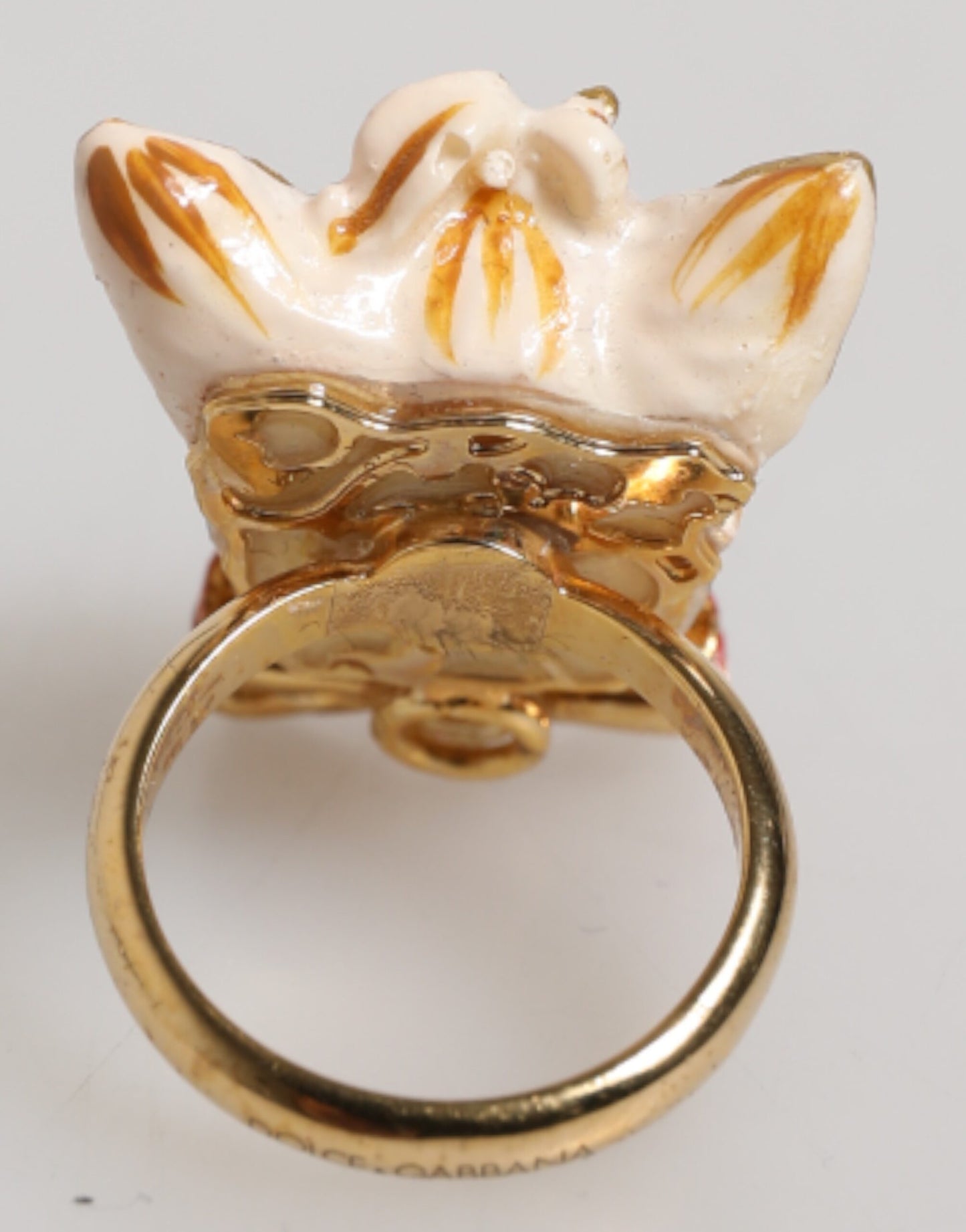Dolce & Gabbana Gold Messing Harz Beige Hund Haustier Accessoire Ring