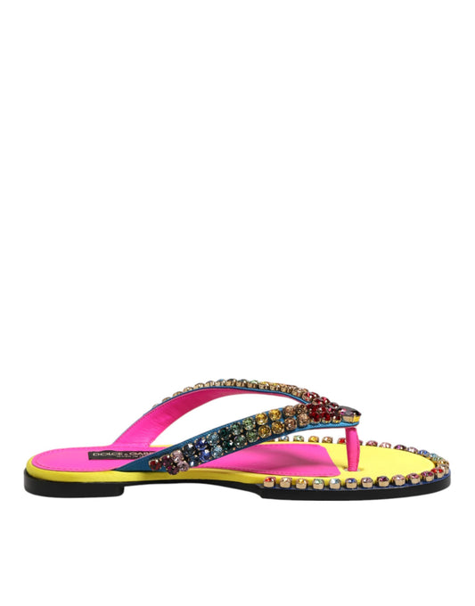Dolce & Gabbana Multicolor Strass Flip Flop Flache Sandalen Schuhe