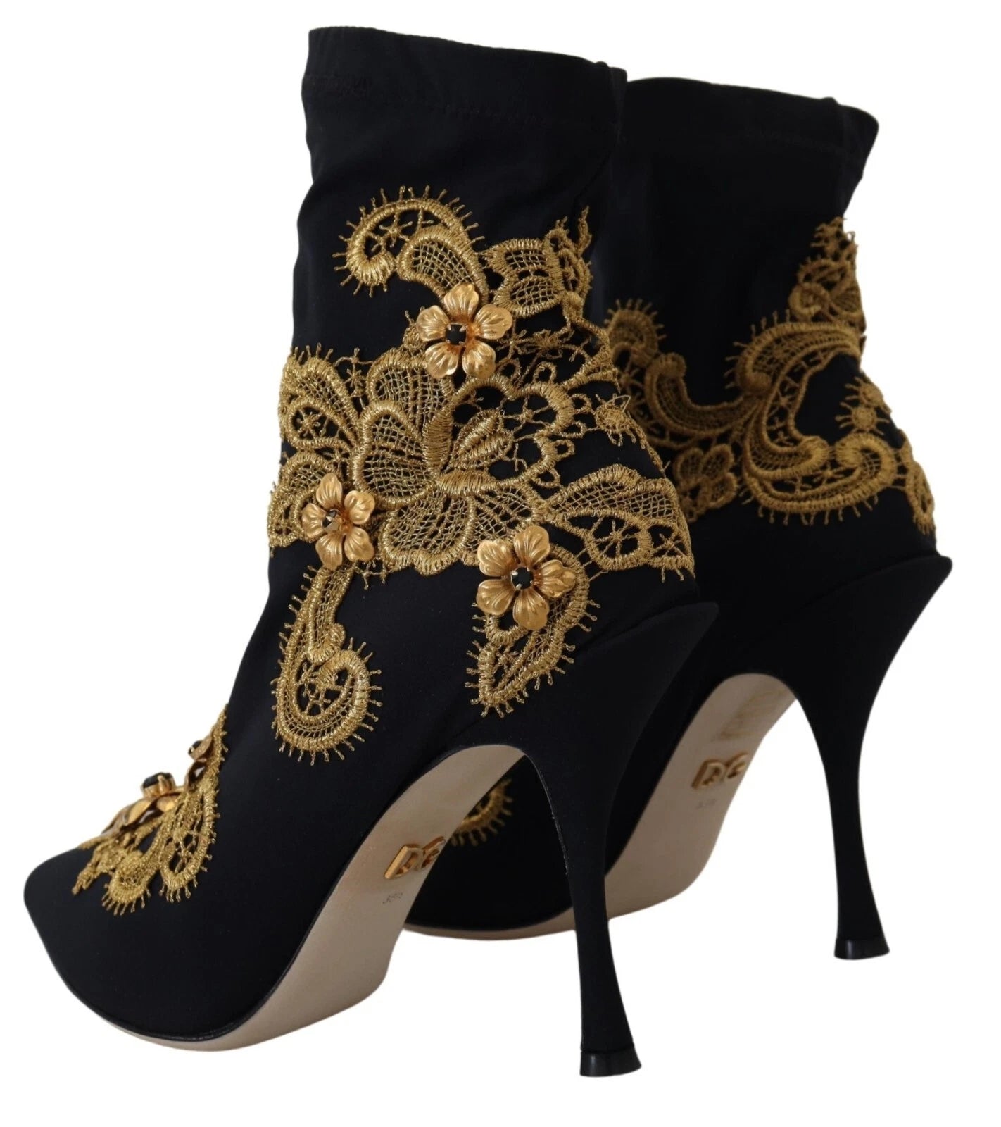 Dolce & Gabbana Schwarz Gold Stickerei Kristall Stiefel Schuhe