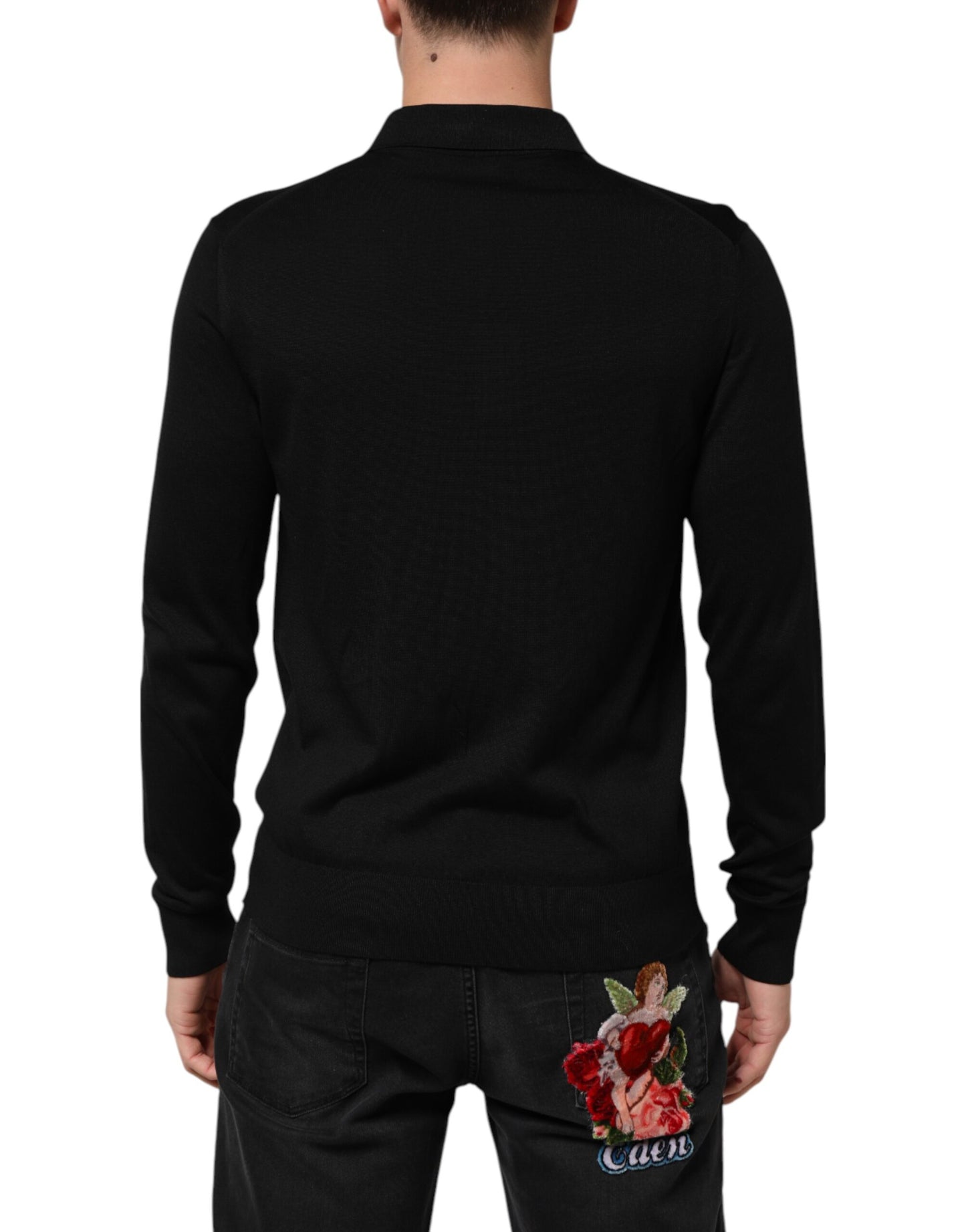 Dolce & Gabbana Leichter Pullover aus schwarzer Seide mit Knopfleiste