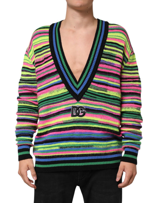 Dolce & Gabbana Multicolor DG Logo V-Ausschnitt Strickpullover